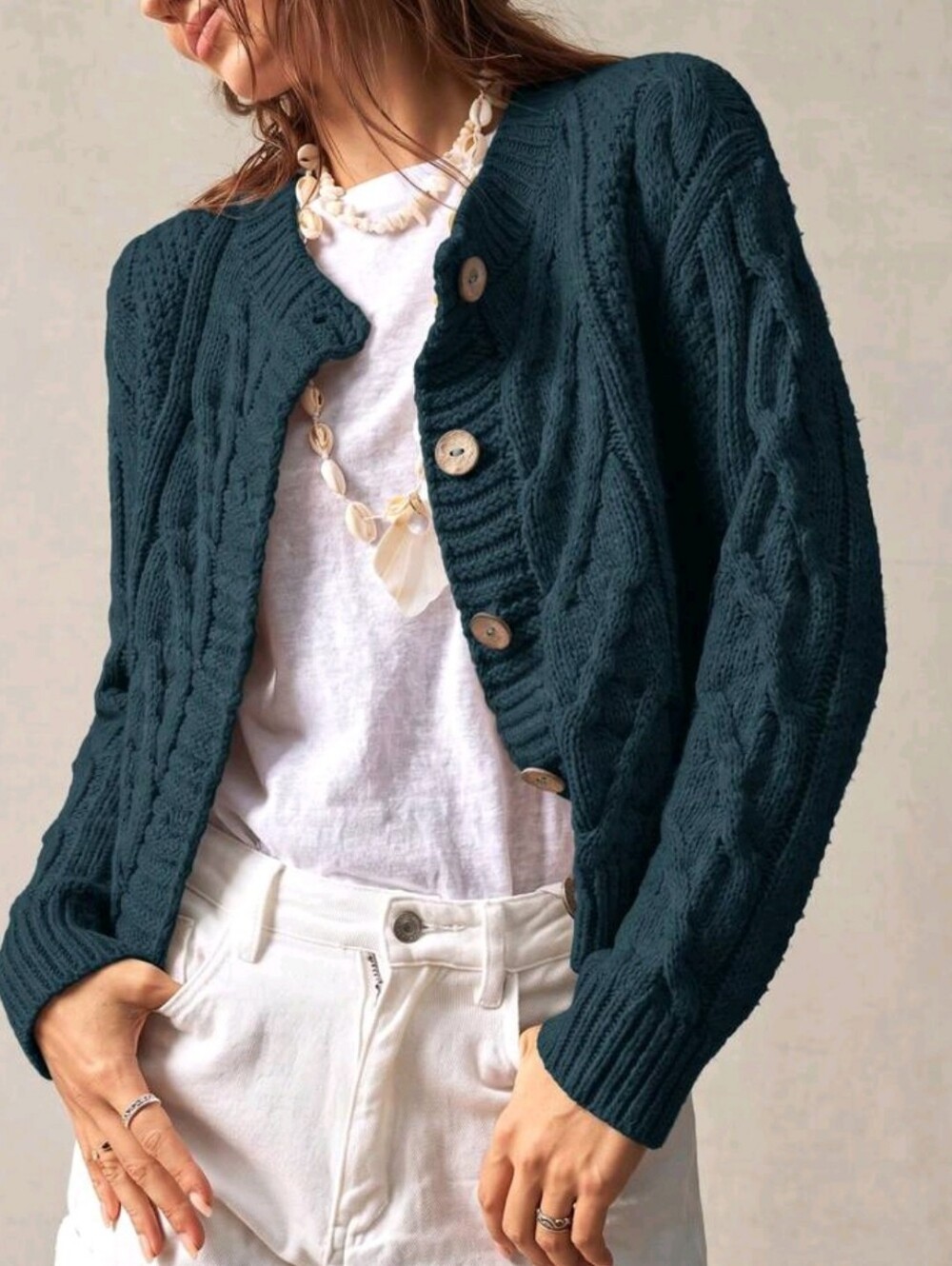 New Mixed Cable Knit Cardigan Sweater Button Down Green